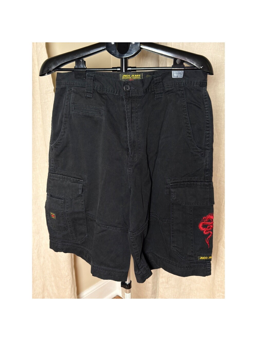 Vintage Y2K JNCO Jeans 33 Black Cargo Shorts Red Dragon Embroidered Baggy Skater